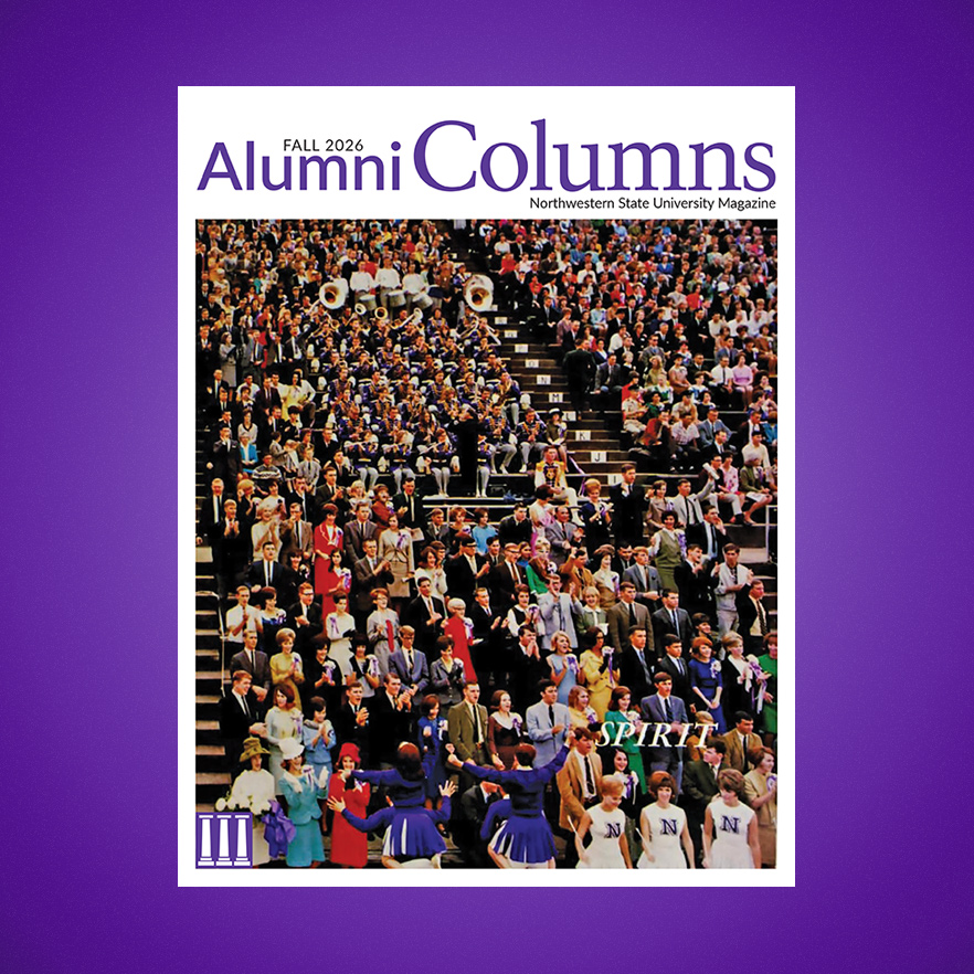 Fall 2026 Alumni Columns Magazine cover on purple background.